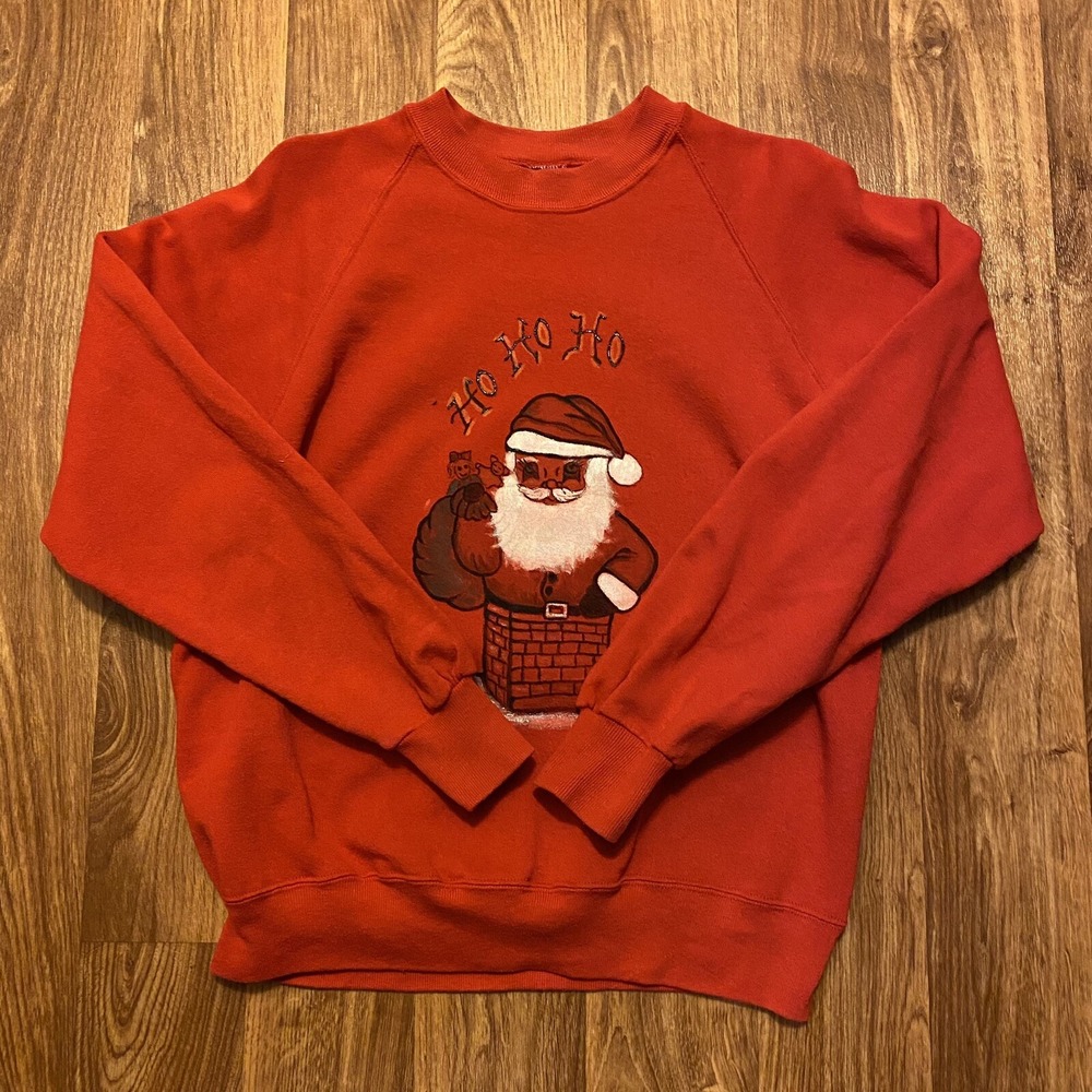 Vintage‎ 90s Christmas Puff Paint Sweatshirt Adult Large Red Made In USA
